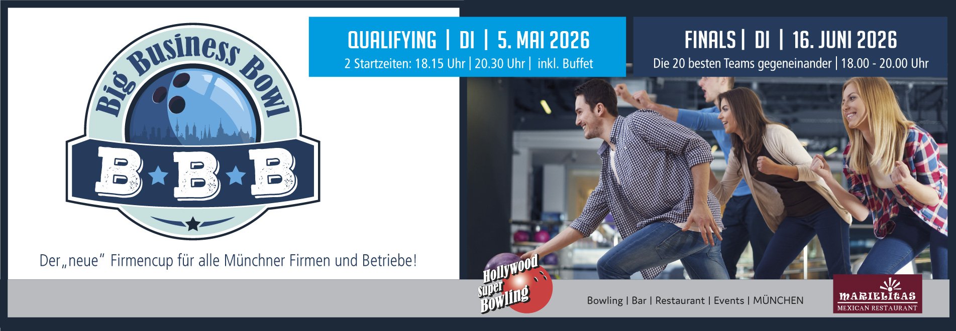 Big Business Bowl Turnier mit Qualifying und Final K.O.-Runden. 40 Teams bestehend aus 4 Personen pro Team.